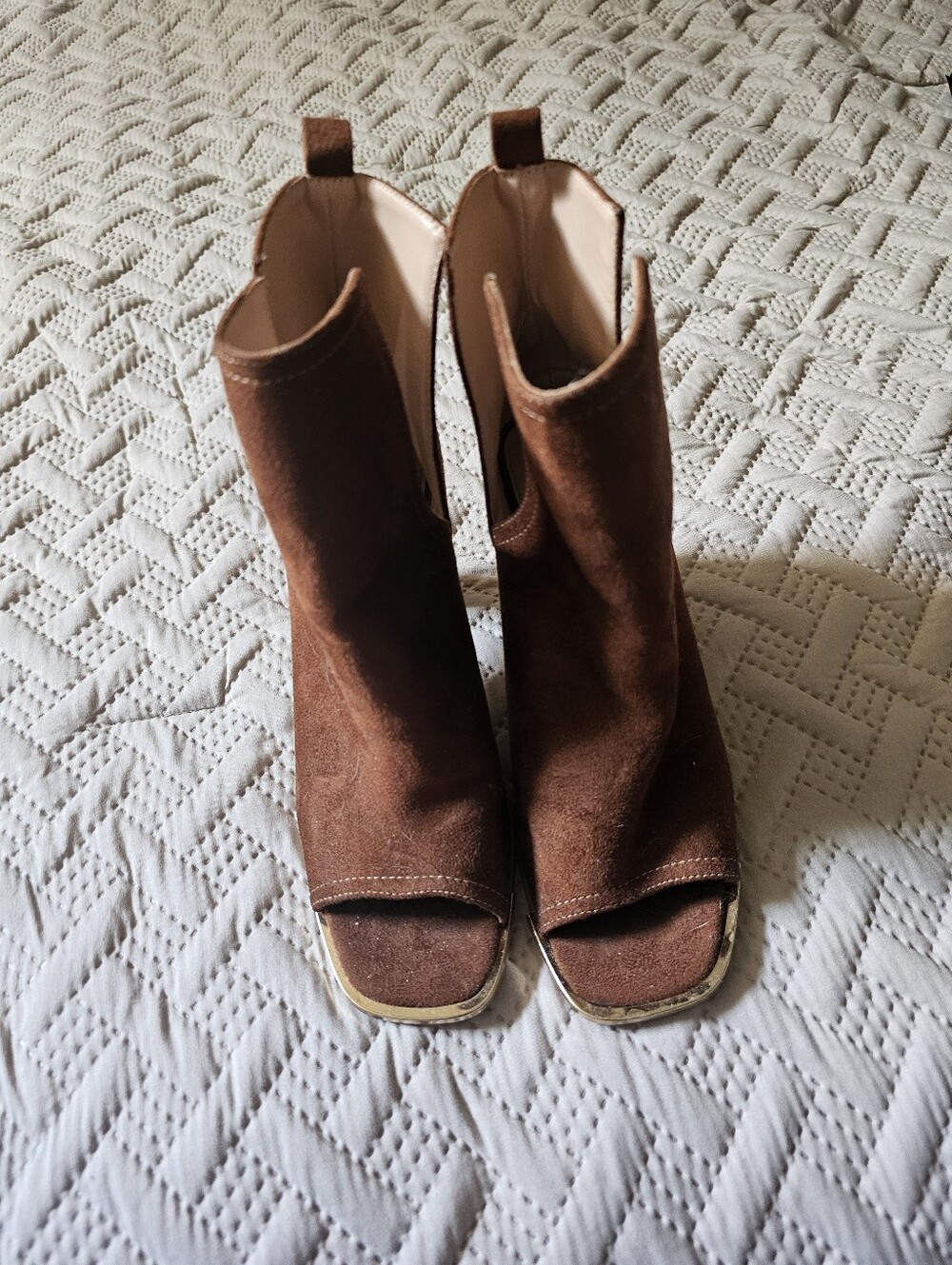 Women's Open-Toe Suede Ankle Boots in Brown 3 Inch Block Heel,